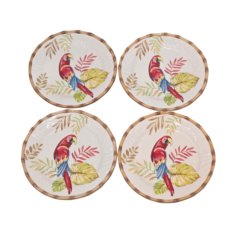 Pier 1 Cabana Macaw Parrot Tropical Salad Dessert Plates Colorful Set of 4